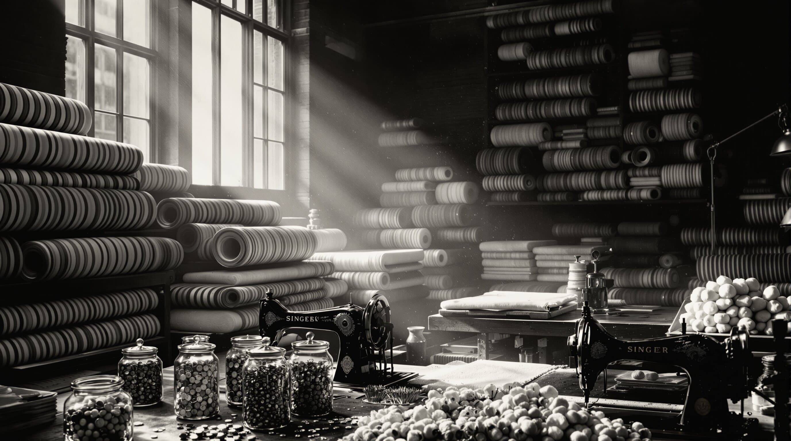 A heritage mattress workshop with rolls of ticking fabric and antique Singer sewing machines